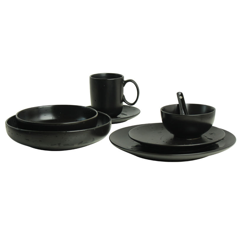 coupe shape black matt color ceramic dinnerware set round black glaze tableware