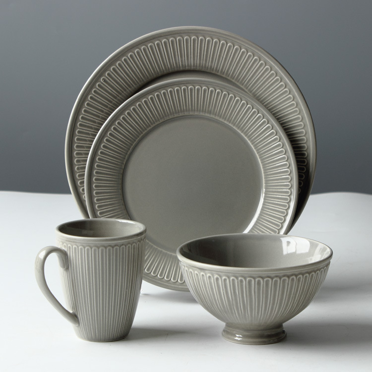 Engrave pearls pattern ceramic 16 pc dinner set grey color dinnerware set plates