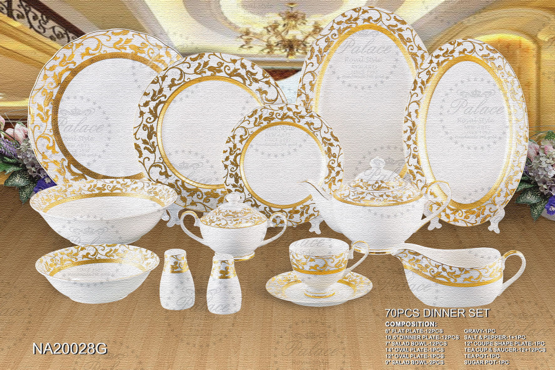 Embossed Gold New Bone China 70pcs Dinner Set