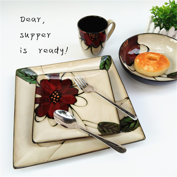 Square shape hand paint 16 pc ceramic dinnerware set with flower patterns elegan