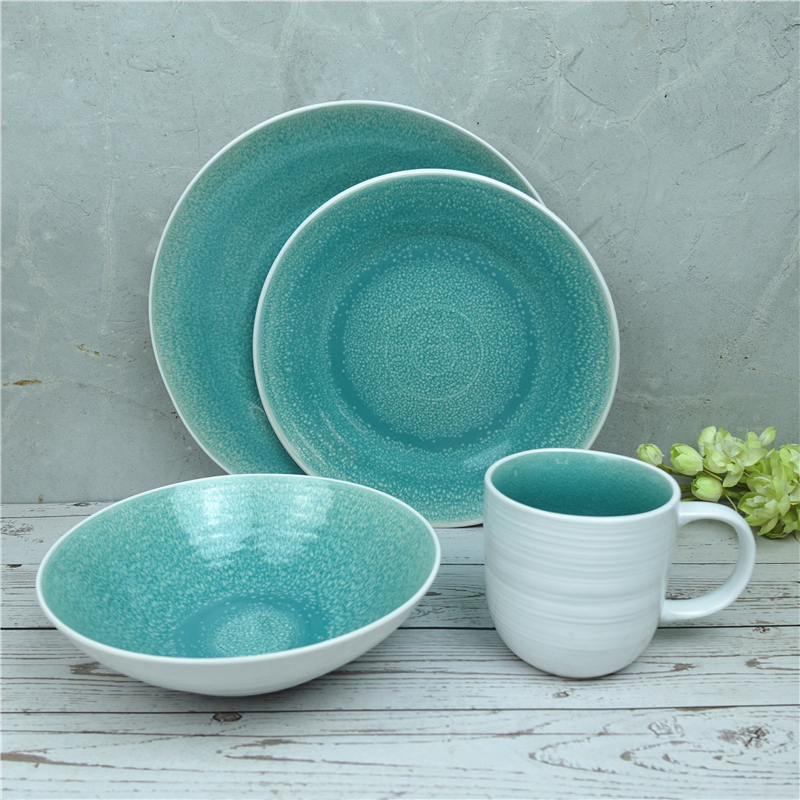 reactive glaze round shape big size ceramic 16 pc dinner set 2 tone reactive din