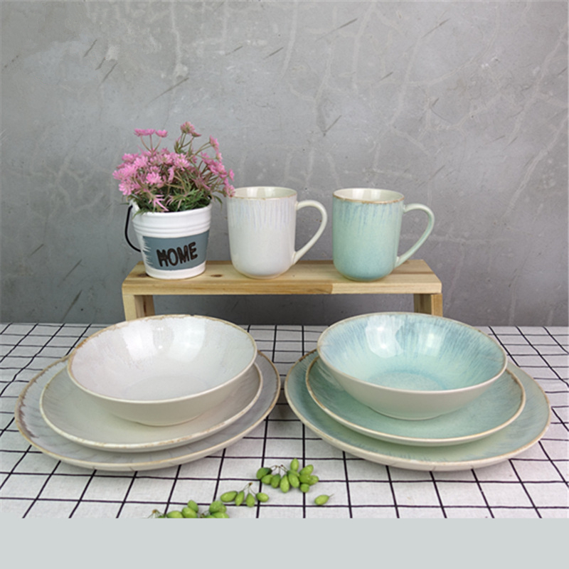 Reactive glaze stoneware 16 pc dinnerware set plates dripping glaze ceramic tabl