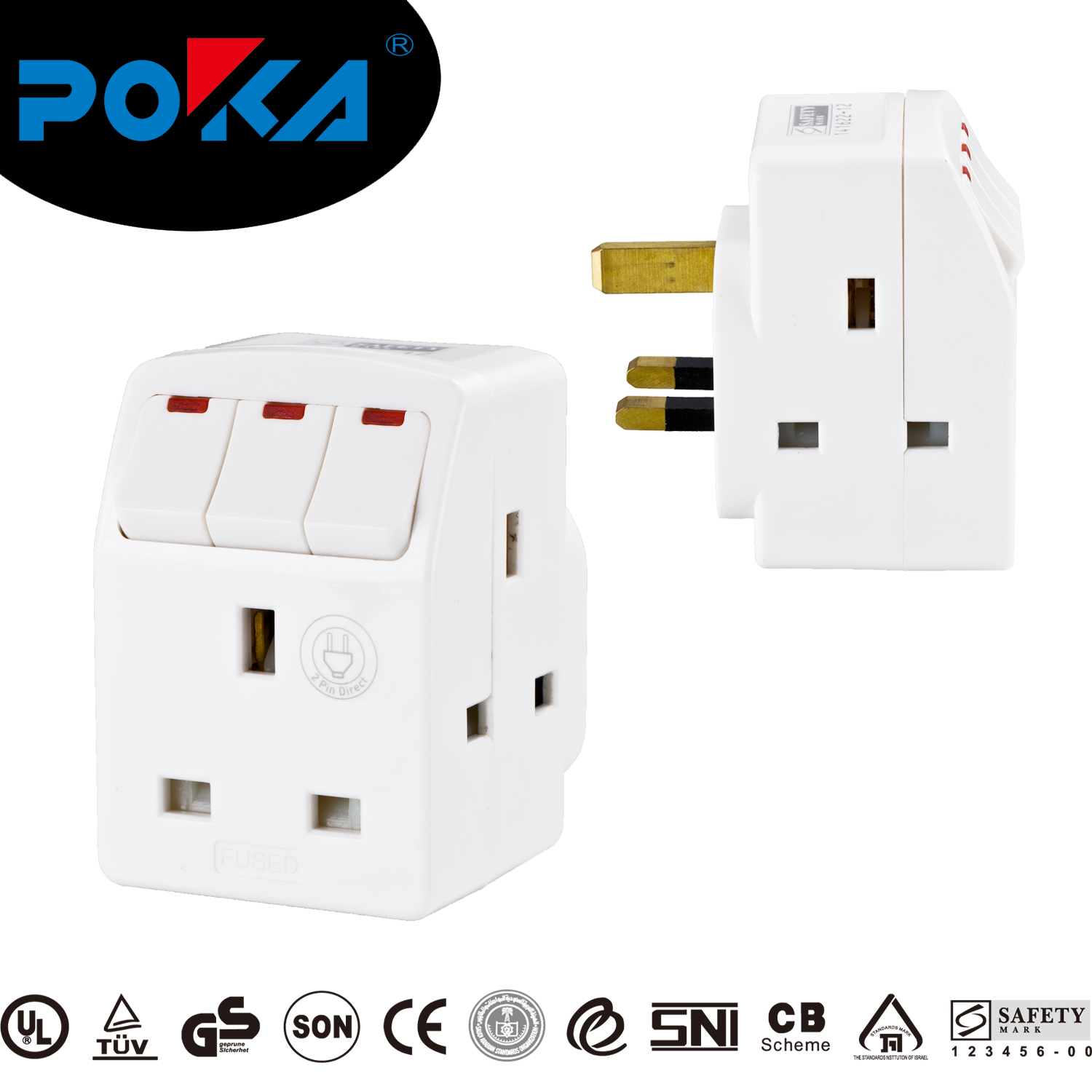 3 way UK travel adaptor with individual switch and light