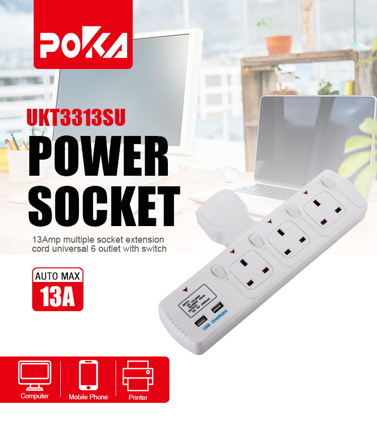 T type 3 way UK extension Socket with 2*USB prot