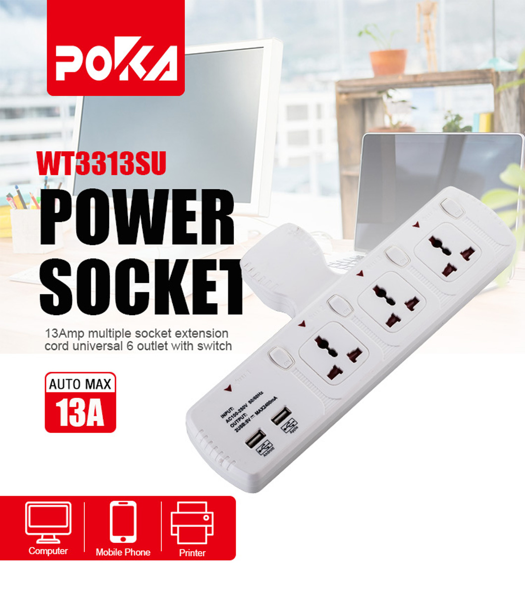 T type universal multi Extension Socket with USB port POKA WT3313SU