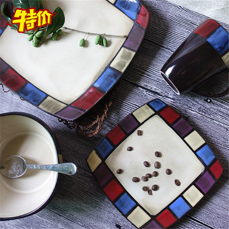 Daily creative ceramic tableware kiln painted square salad plate ceramic plate cup