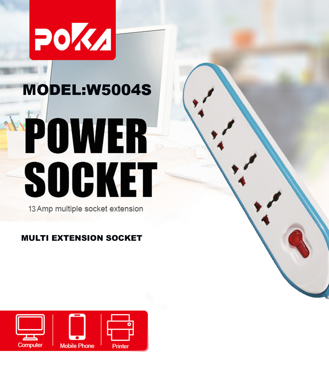 4 Way Universal Multi Extension Socket POKA brand W5004S