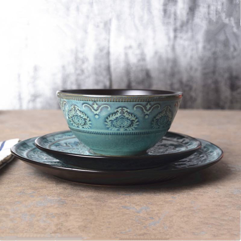 Emboss kiln ceramic tableware restaurant commercial steak plate salad plate Hotel Western restaurant set plate daily ceramic