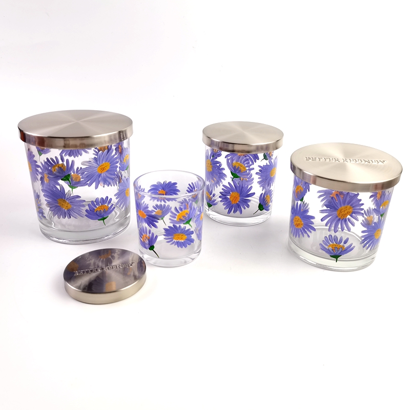 Summer Flower Pattern Glass Candle Jar With Metal Cover Lid Wax Cup