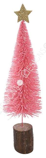 0000000000Metal Pink Mini Green Pine Tree Ornament with Wood Base for Christmas Decor