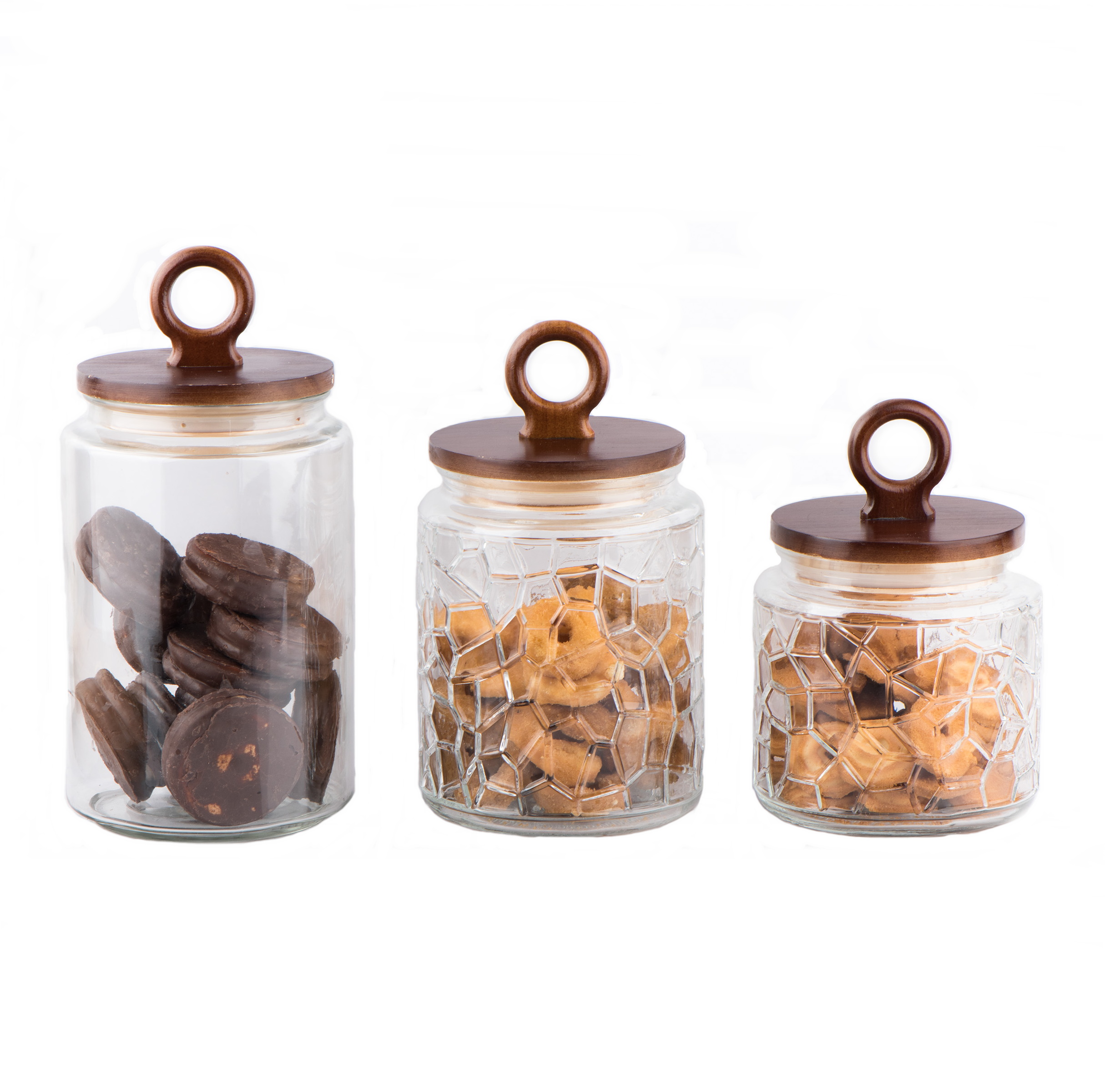 Wide mouth round glass jar for food storage with wooden handle lid