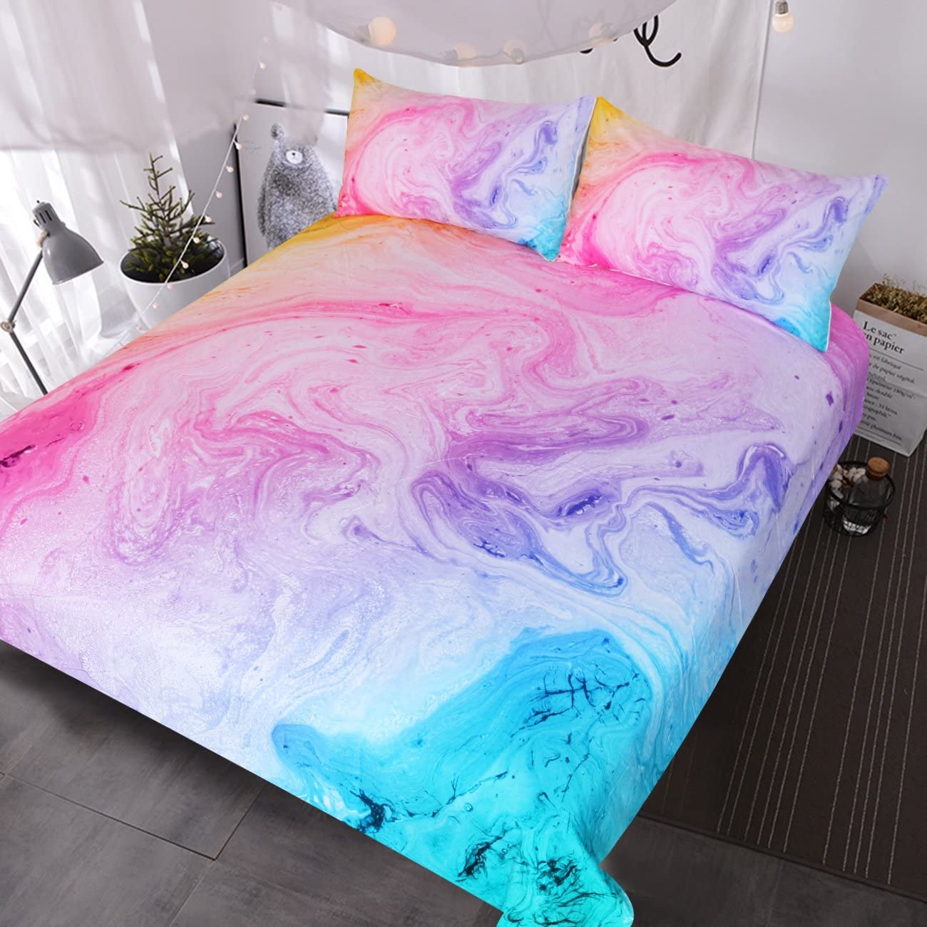 Colorful Marble Girl Bedding Watercolor Pink Blue Purple Duvet Cover Set Marble Abstract Kids Bed Set 3 Piece Bright Girly Bedspreads (Twin)
