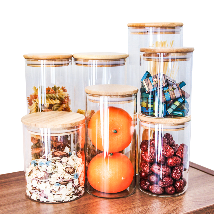 Supplier Wide Mouth Round Borosilicate Airtight Kitchen Pasta Food Spice Glass Storage Jar and Containers with Bamboo Lid
