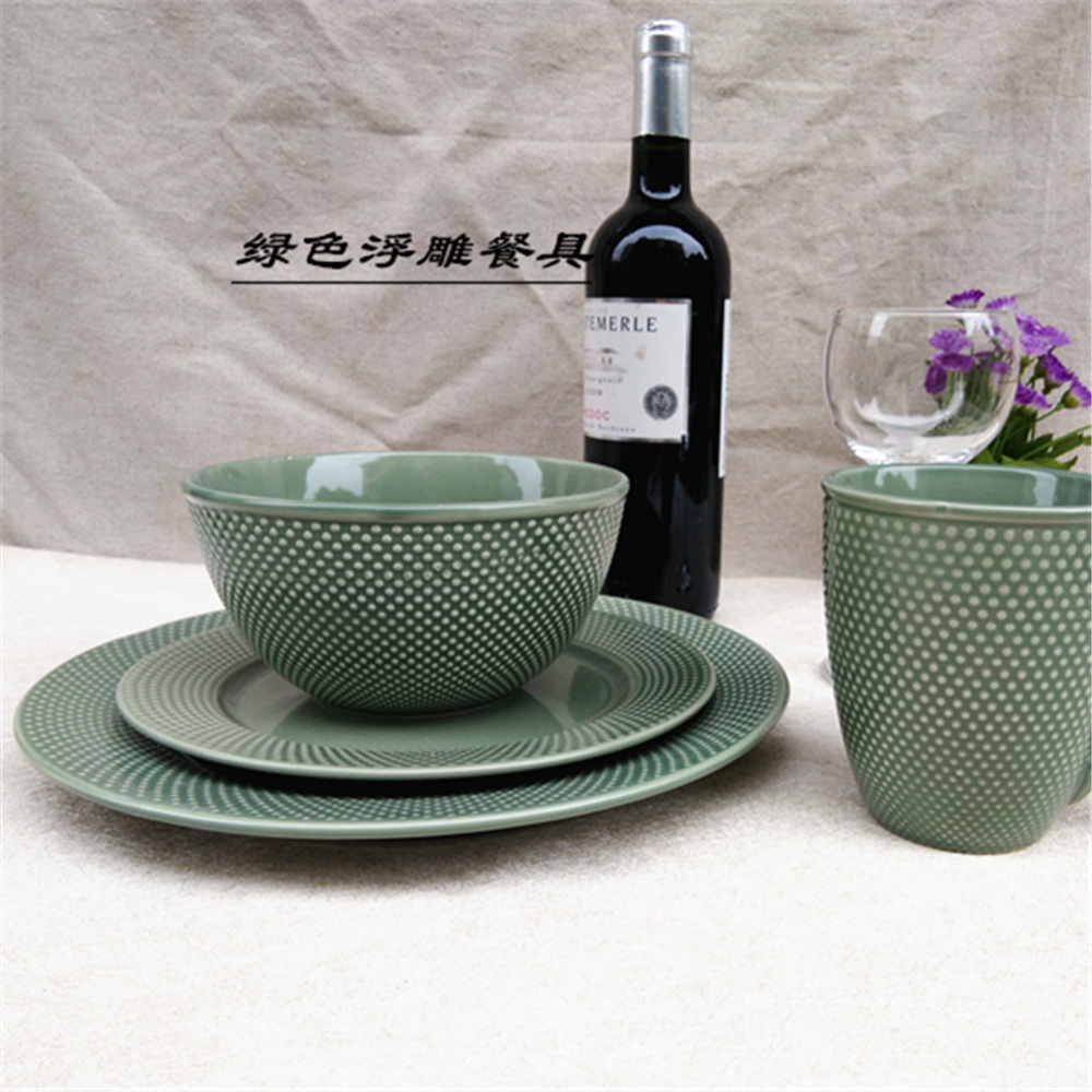 Daily-use ceramics spot wholesale Europe and the United States relief little green 16 pcs tableware set plate tableware
