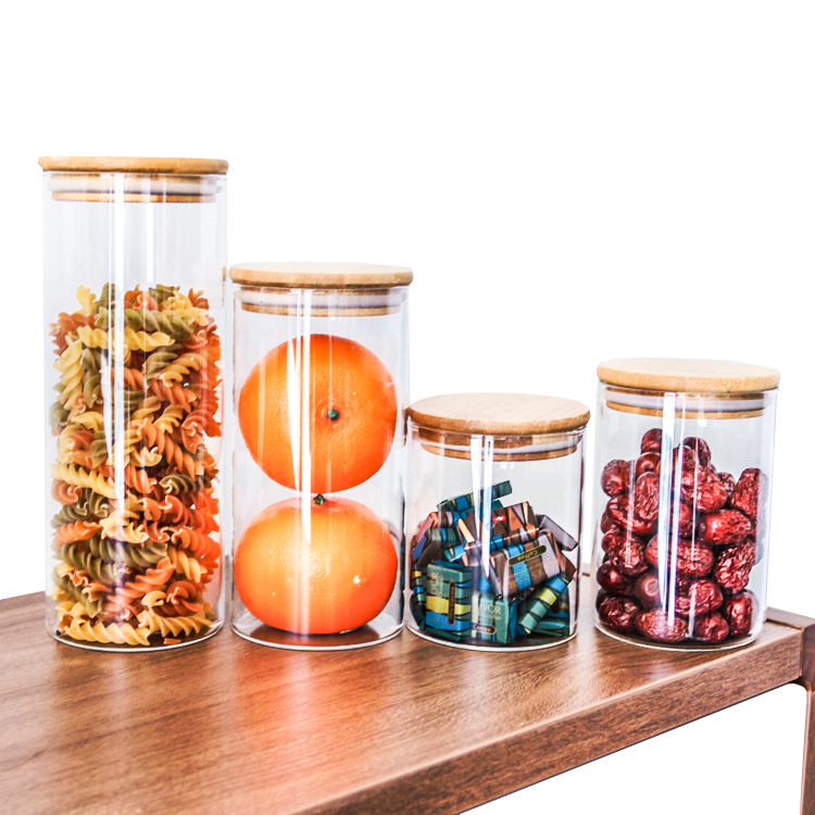 High Quality Custom Glass Jar Wooden Lid Eco-friendly Borosilicate Cookie Candy Honey Bamboo Lid Glass Jar