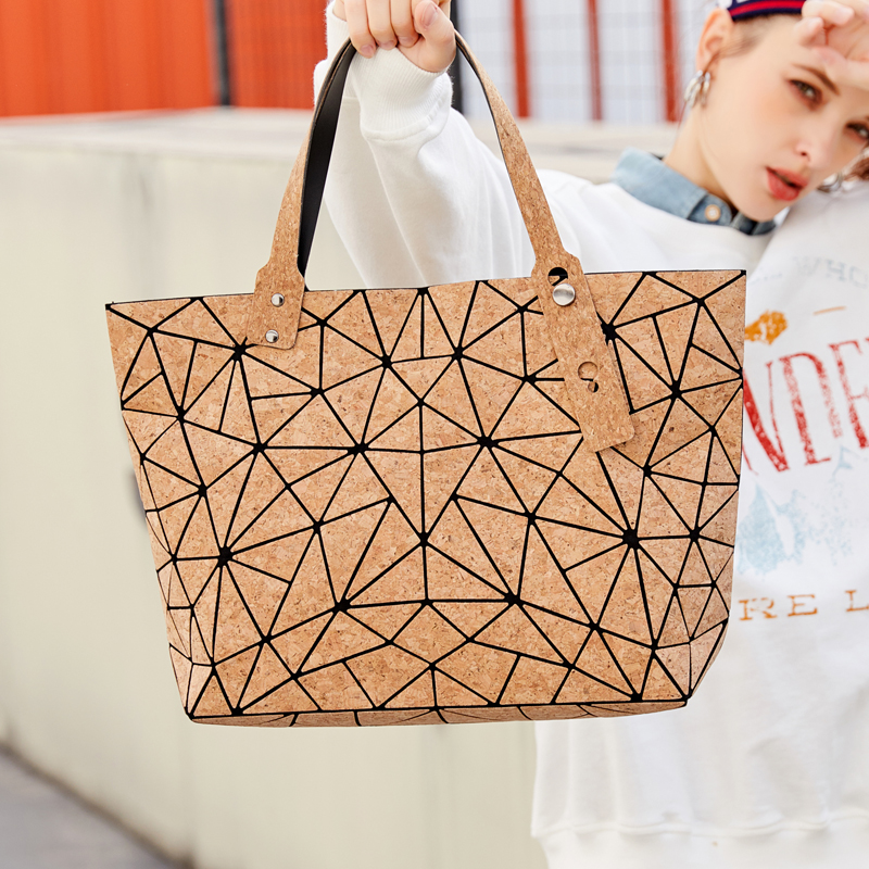Geometric foldable cork trendy tote bag eco friendly fashion tote bag crossbody handbag top handle shopping bag geometric tote bag for work