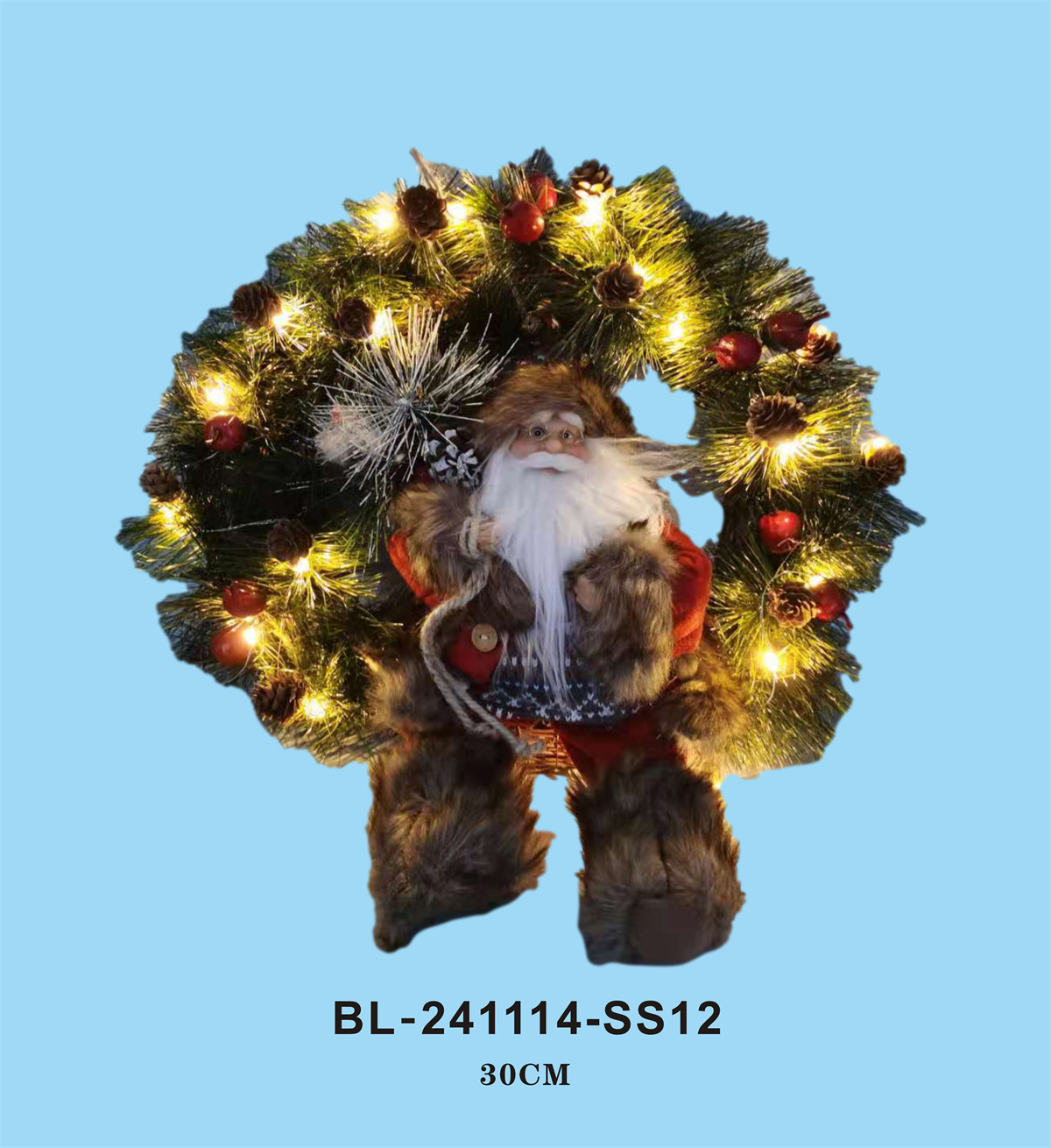 LED wreath with sitting Santa