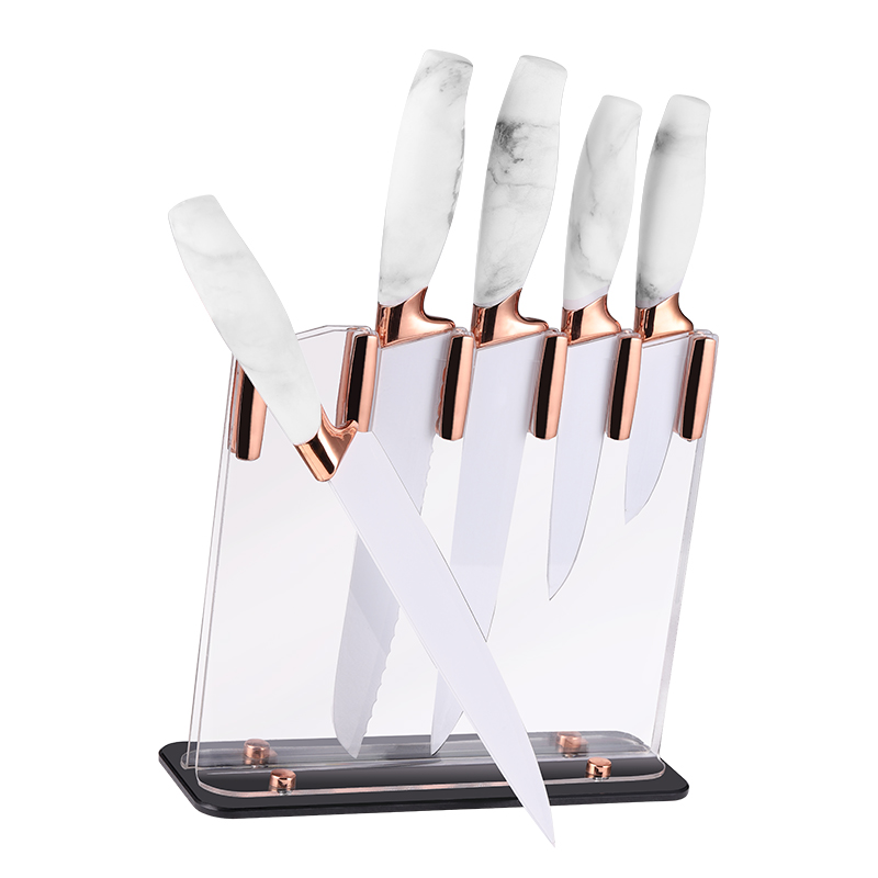 Justa Hot Sale 5 Pcs Rose Gold Circlet White Coating Kitchen Chef Knife Set With Block Stand