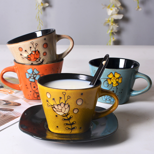 230 ml Hand-paint Lotus Ceramic Afternoon Tea Coffee Cups Set with Saucers