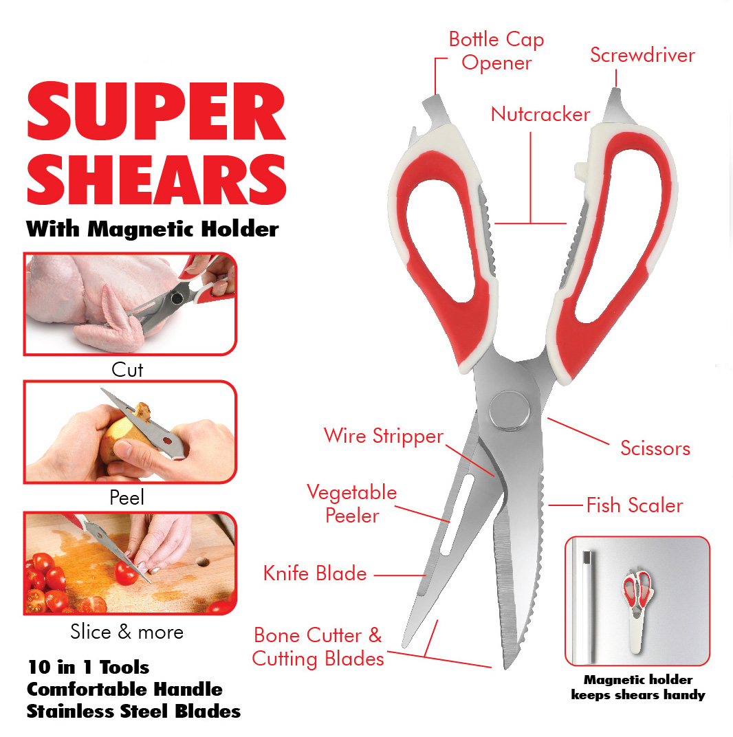 Chef shears the 10 in 1 tool: 22.5cm, 2.8mm, blades can be unclipped for easy cleaning,with PP holder with magnet。1set/blister card