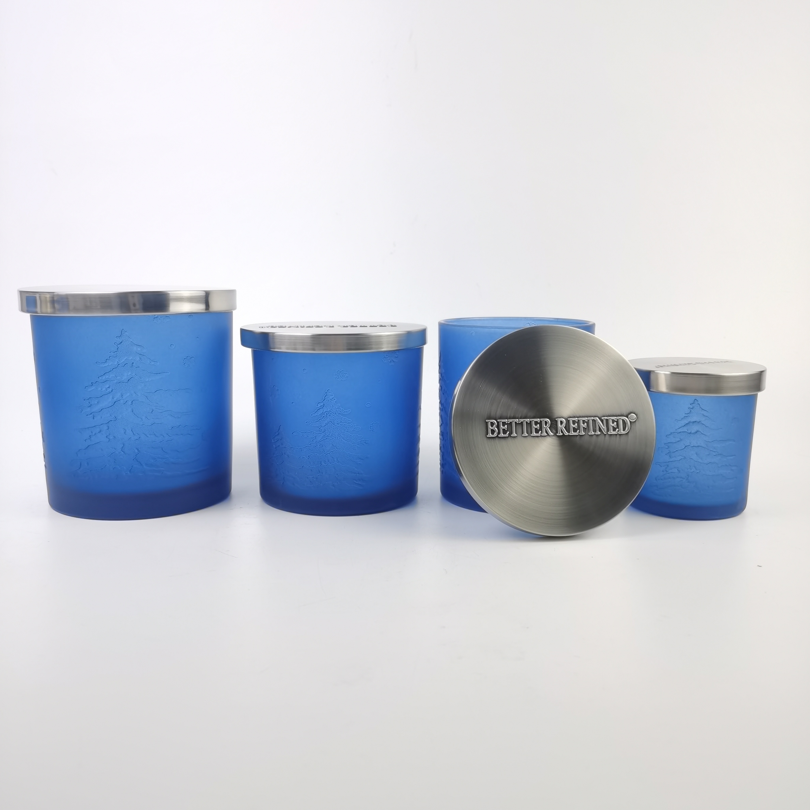 Cheap Matte Blue Engraved Pattern Glass Candle Jar With Metal Lid