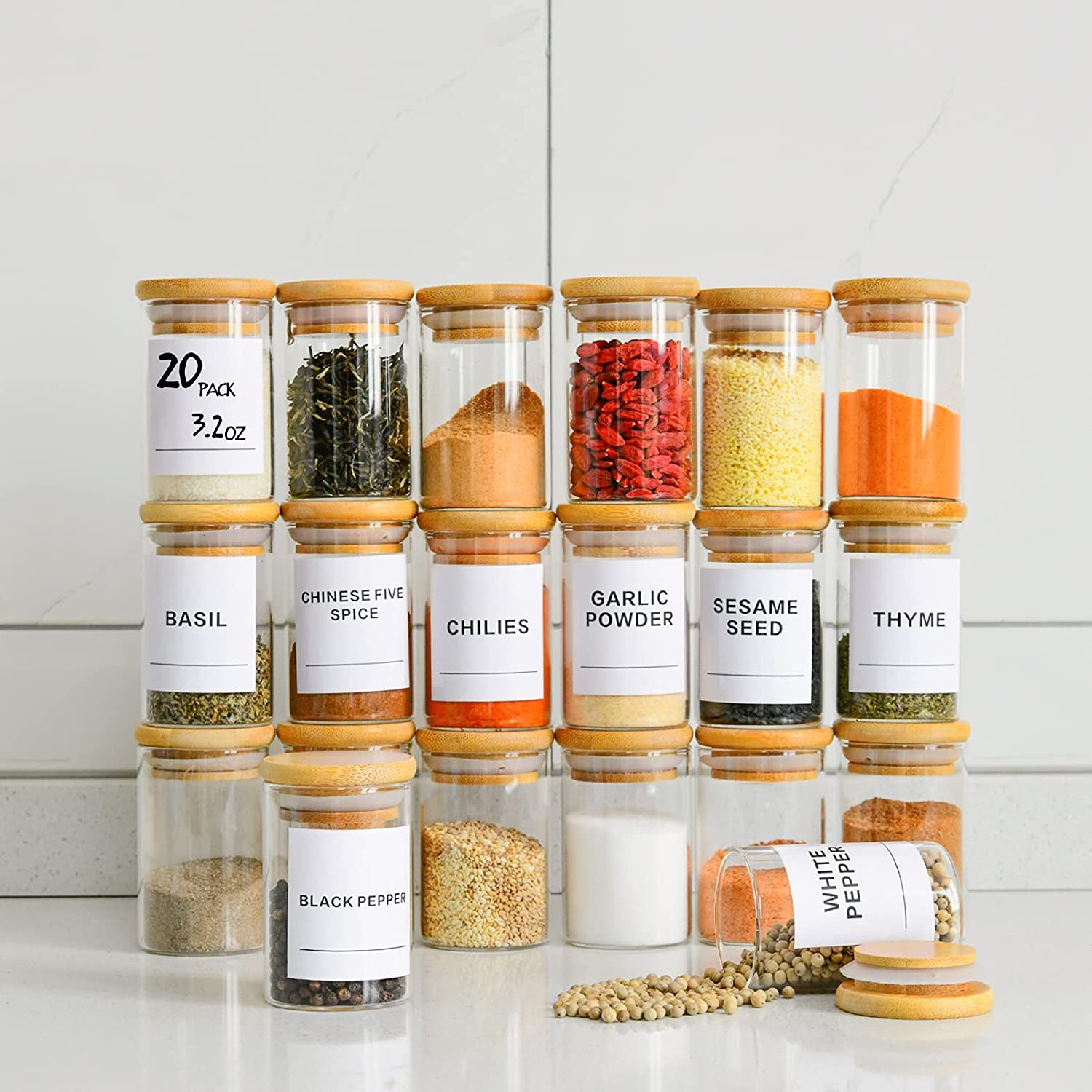 2021 hot sell borosilicate kitchen storage glass jar set spice container bottles with bamboo lid