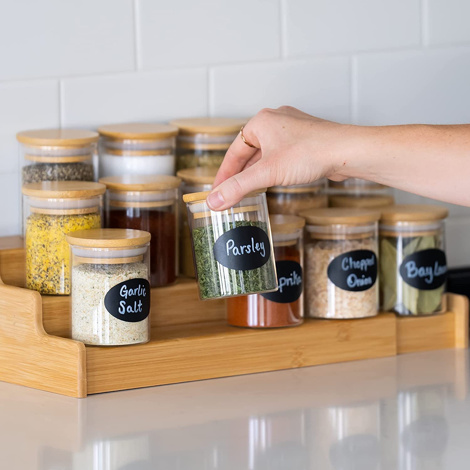 new design mumu kitchen empty glass spice bottle jars bottles set with spoon bamboo lid