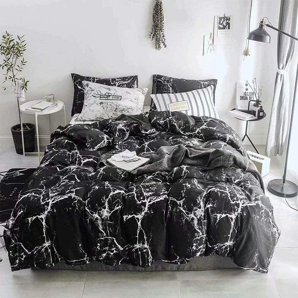 Black Marble Comforter Set Queen Bedding Set Blankets Reversible Quilt Set 3 PCS