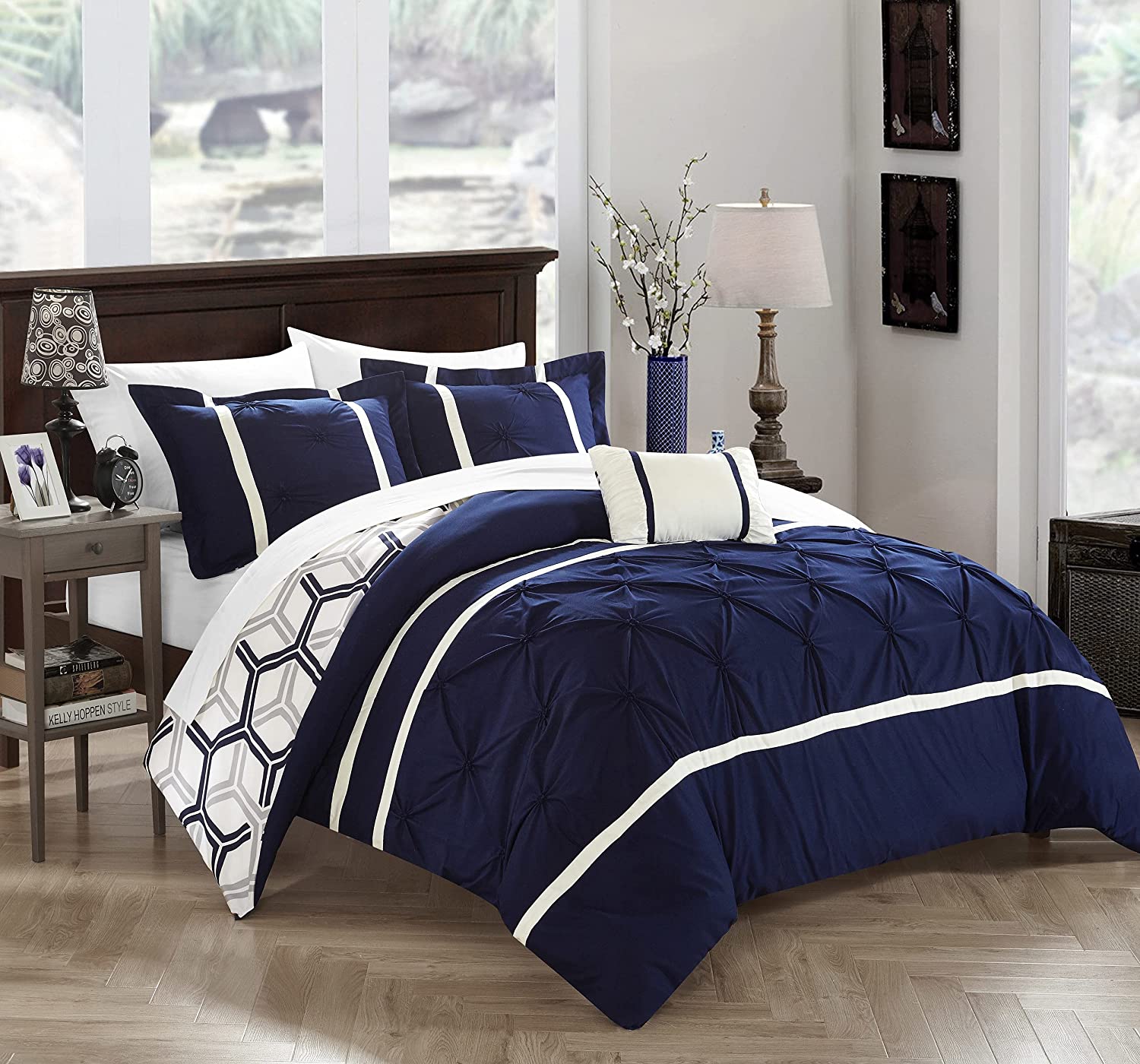 4 Piece Marcia Pinch Pleated Ruffled and Reversible Geometric Design Printed King Comforter Set Navy
