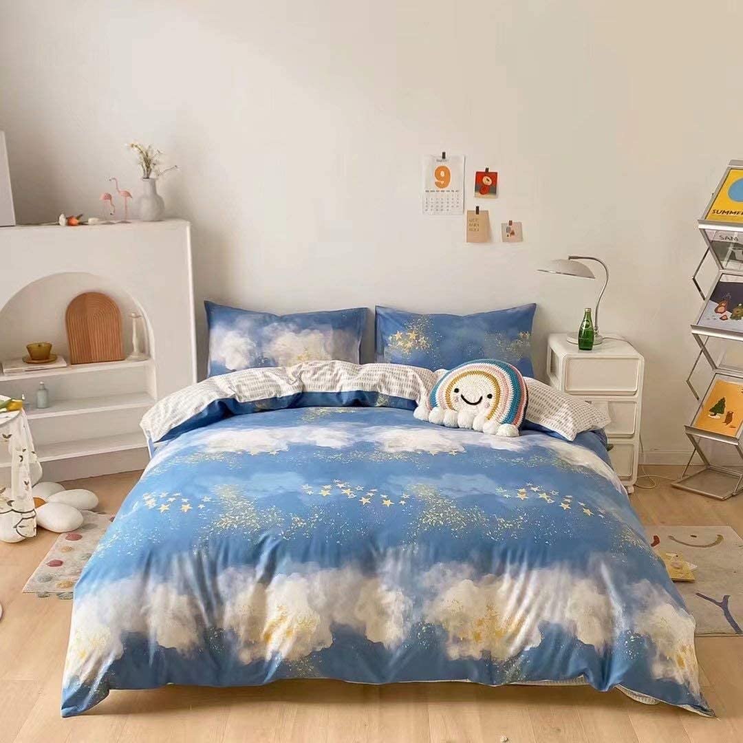 Blue Sky Comforter Sets Cotton Girls Boys White Cloud Bedding Sets Reversible Blankets