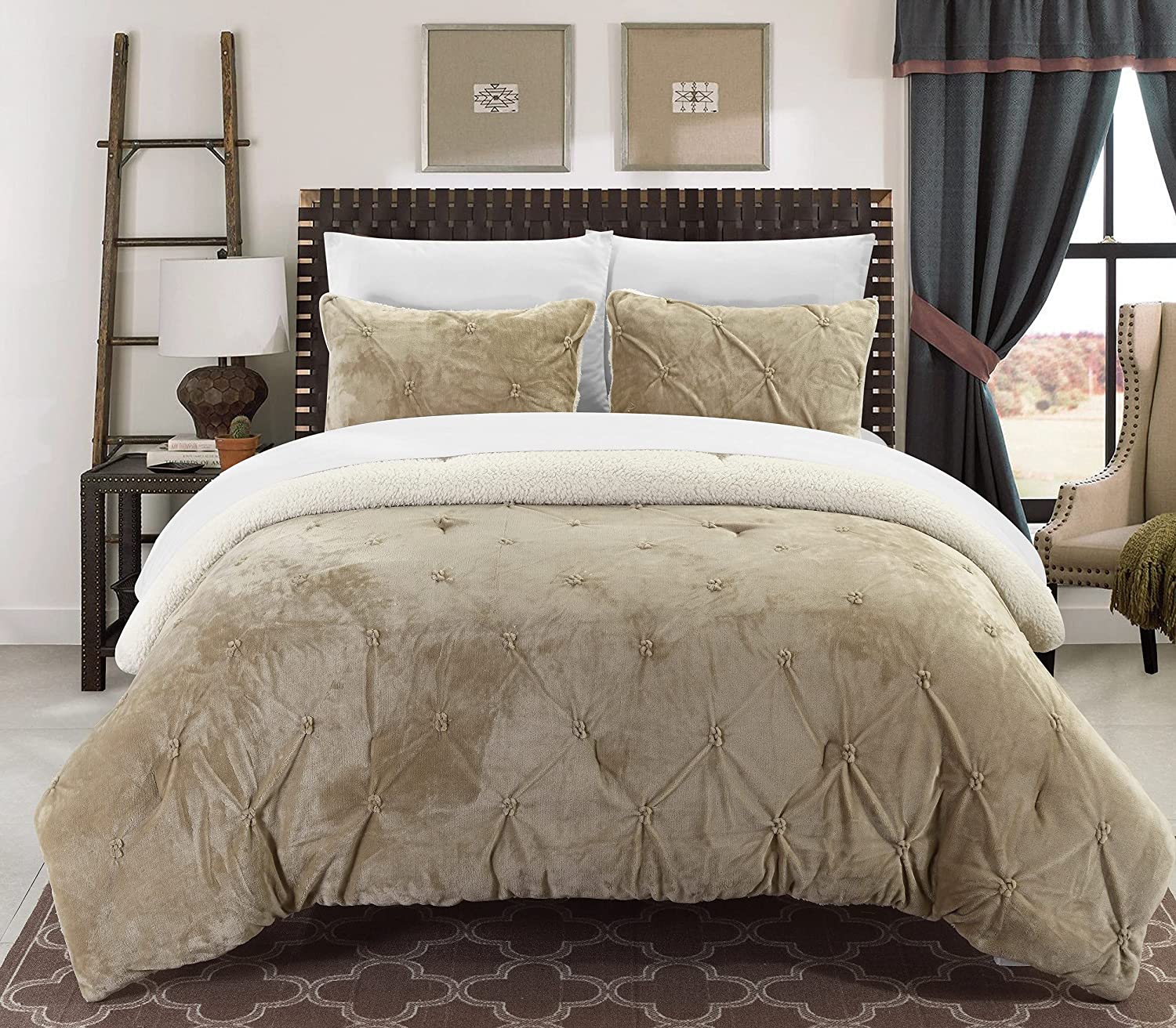 3 Piece Pinch Pleated Ruffled and Pintuck Sherpa Lined, King Comforter, Beige
