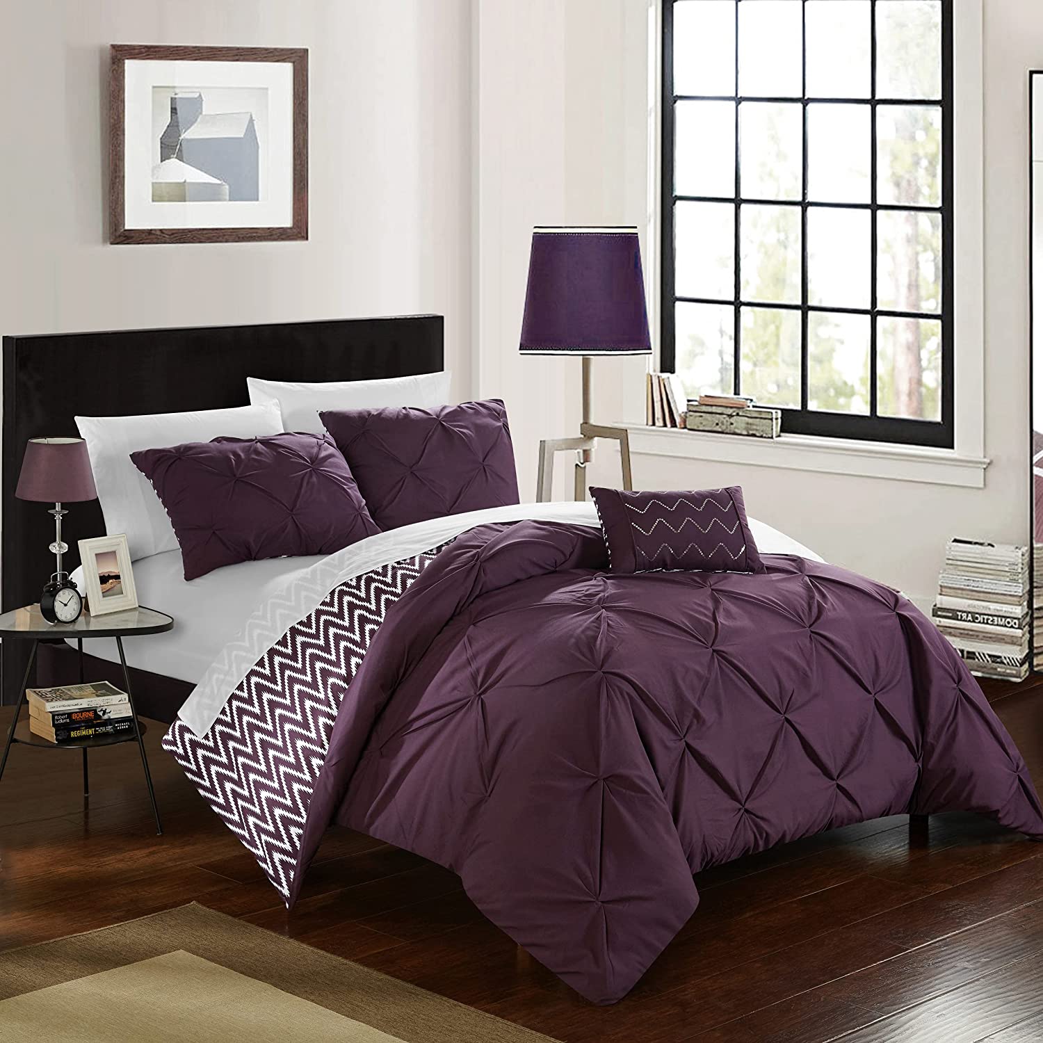 4 Piece Jacky Pinch, Reversible Chevron Print Ruffled and Pleated Complete King Comforter Set Purple Shams and Decorative Pillows Included