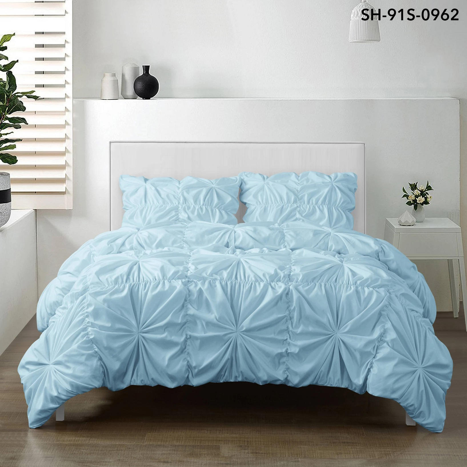 Pinch Pleated Pintuck Duvet Cover 3 Piece Set with Button Closure