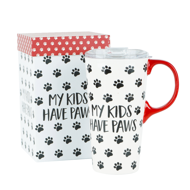 Ceramic Travel Cup, 17 OZ. ,w/box and Tritan Lid, My Kids Have Paws