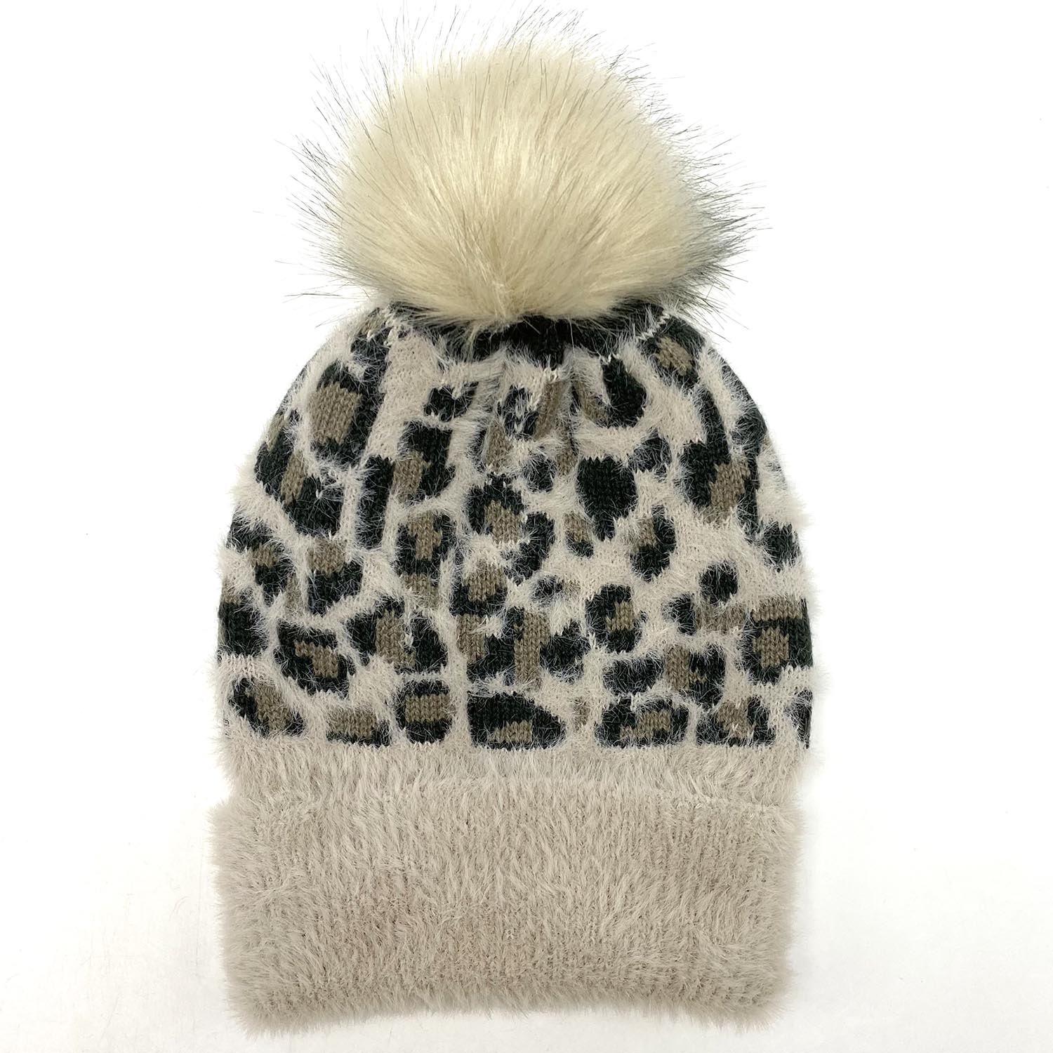 143860 Ladies Leopard Fluffy Bobble Beanie Hat Jacquard Hat and Glove