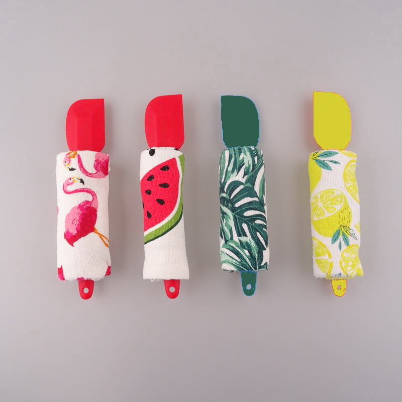 summer design printed kitchen cotton towel with cooking spatula gift set、 dish cloth/dish towel/