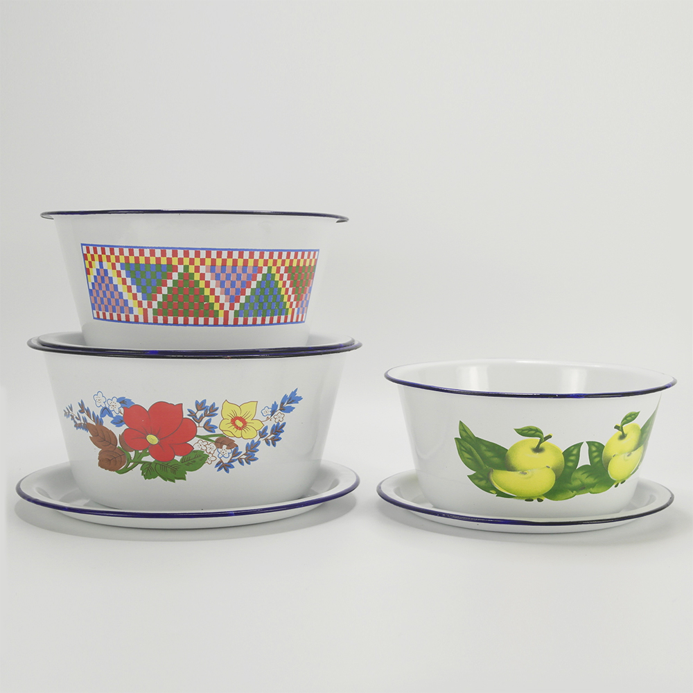Custom logo flowered printing small round yellow metal steel enamel finger mixing dog bowl with lid