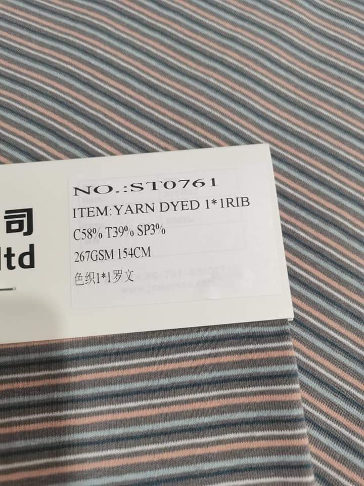 St0761 58%cotton 39%polyester 3%spandex Yard Dyed 1x1 Rib, 267gsm,width 154cm