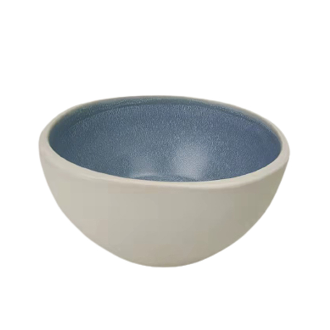 6inch square soup bowl with blue inside reactive glaze and white color outside