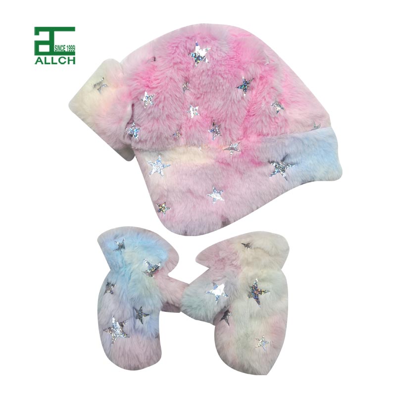 22WG53 Girls Tie Dyed Faux Fur Trapper and Mitten Set with Silver Star Foil Print