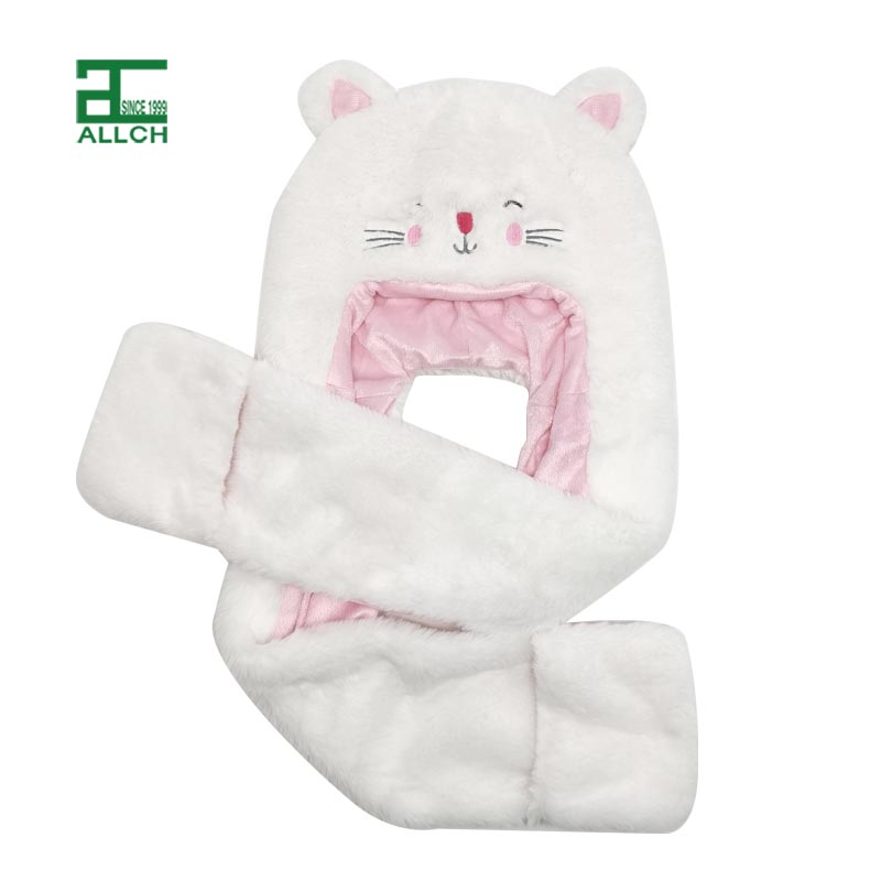 144841 Girls Novelty Fur Hooded Scarf with Lovely Cat Face and Ears and Pocket
