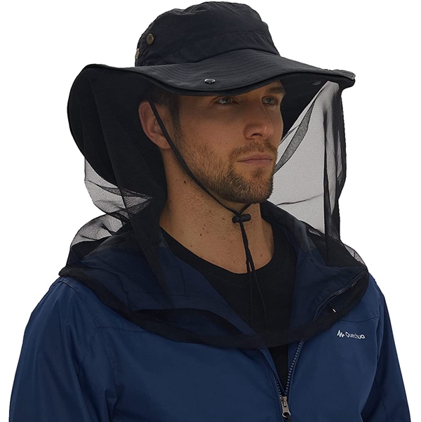 UPF50+ Outdoor Mosquito Head Net Fishing Large Bucket Hat Adjustable Cap for Men Women