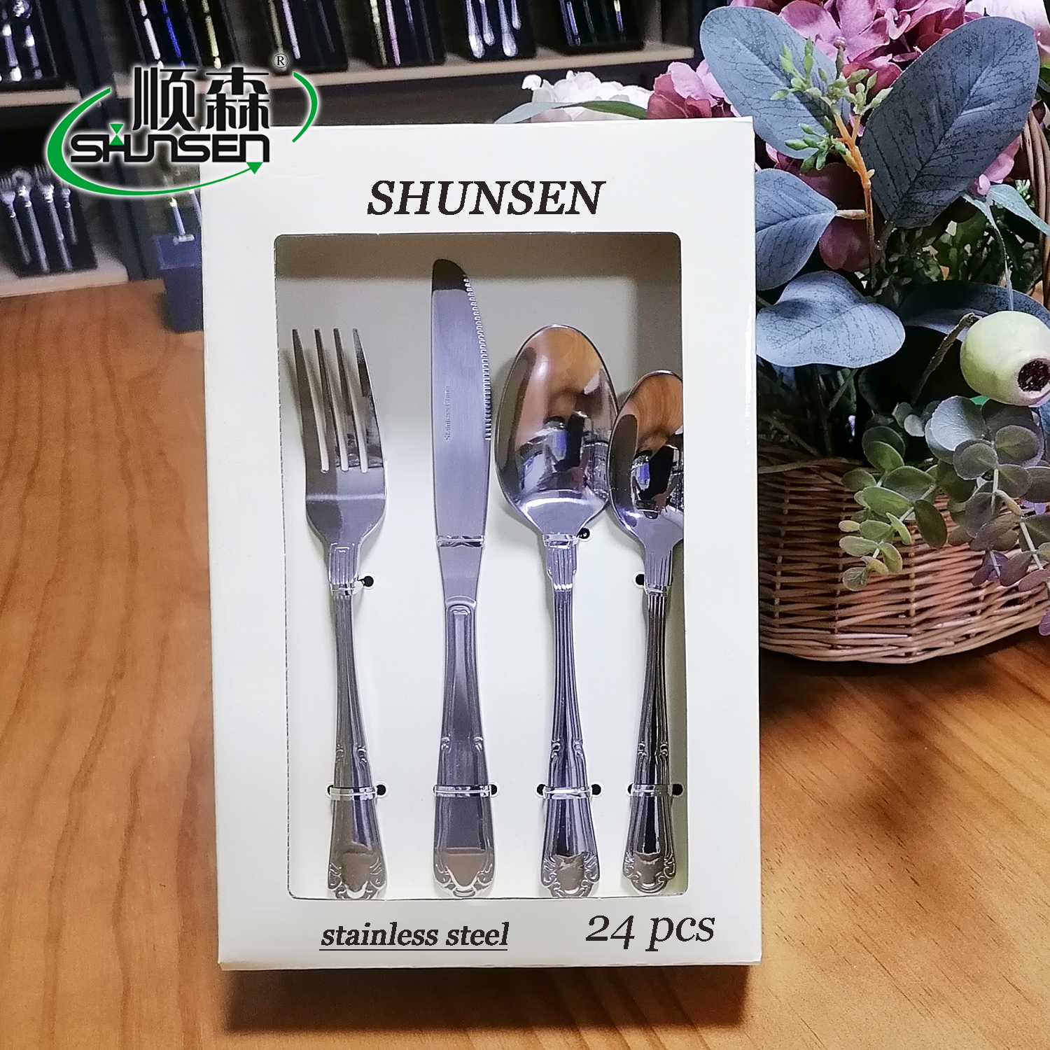 SS802 24 pc Stainless Steel Cutlery Flatware Set Knife Fork Spoon Teaspoon in color window box