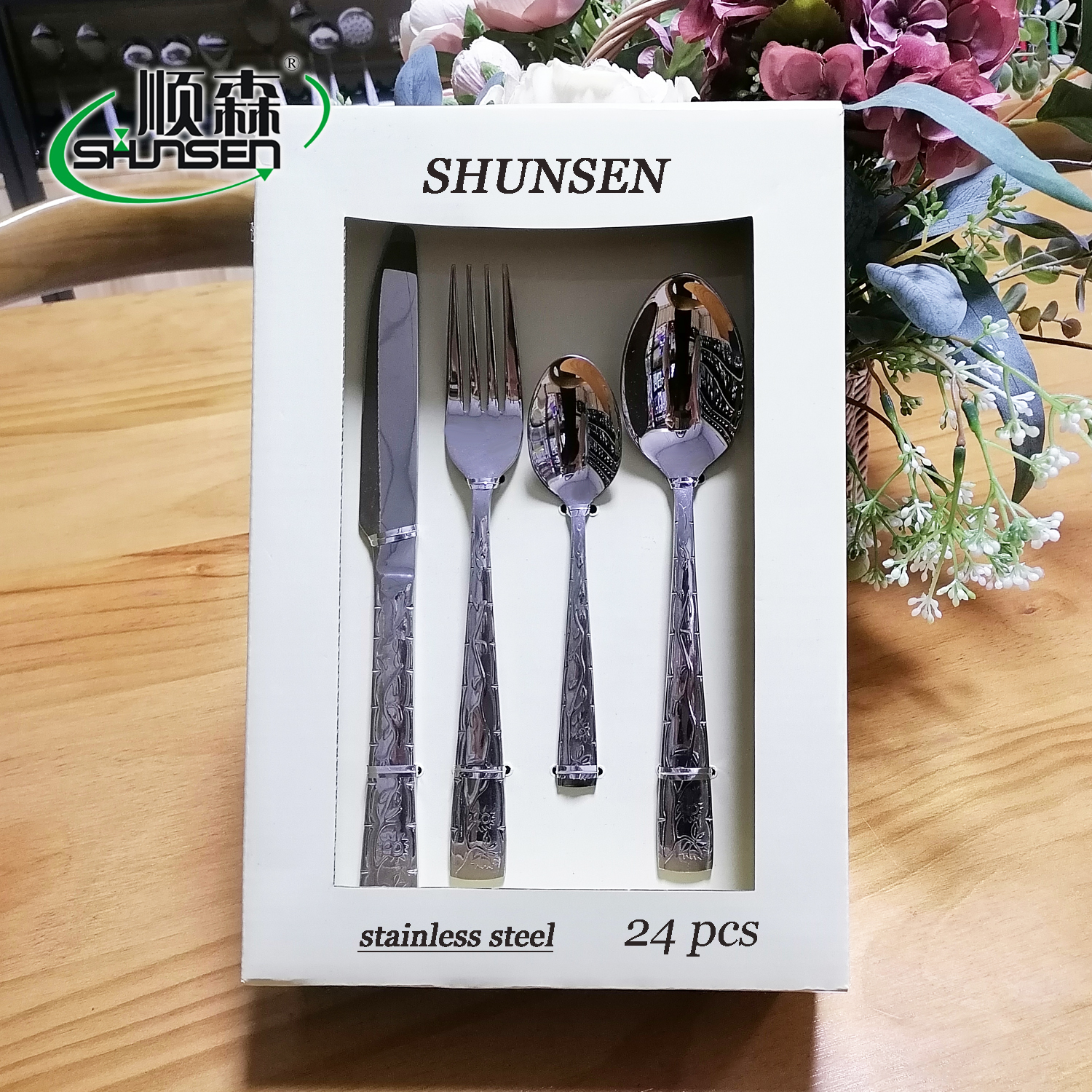 OF087 24pc Mirror Polish Stainless Steel Flatware Cutlery Set Knife Fork Spoon Tea Spoon