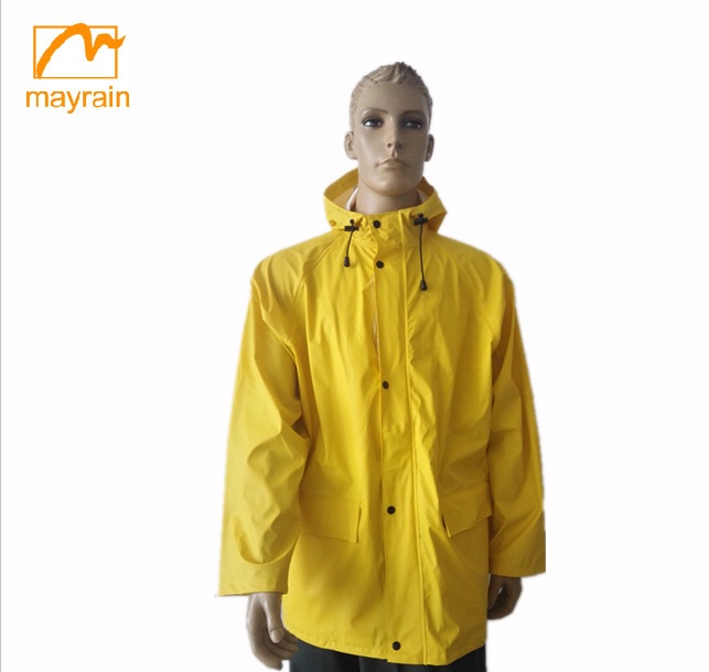 Yellow Color Men PU/polyester rain jacket rain coat rainsuit waterproof windproof