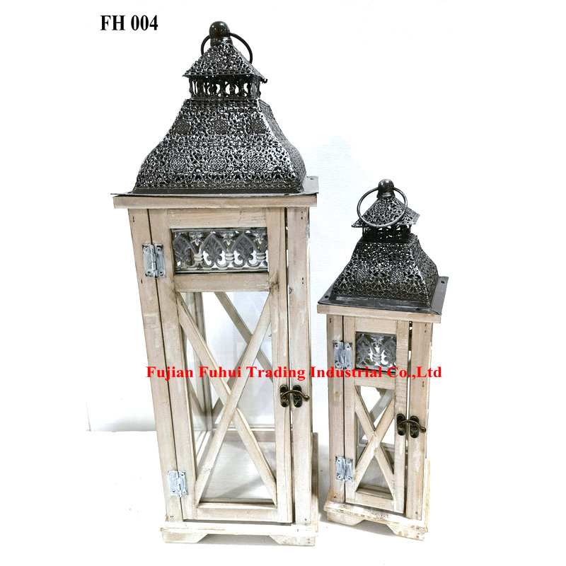 Home Decorative Indoor Set of 2 Wooden Candle Lantern with Metal Top